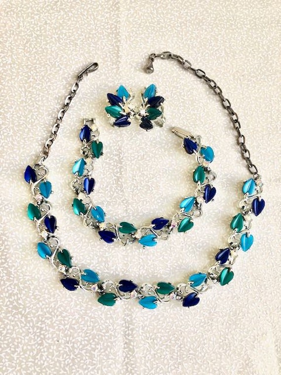Vintage Aqua Blue Green Necklace Bracelet Earring… - image 1