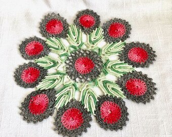 Vintage Small Intricate Handmade Doily, Red and green crochet, Textile Art Projects