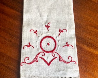 Vintage Embroidered Towel, Red and White, Linen Towel