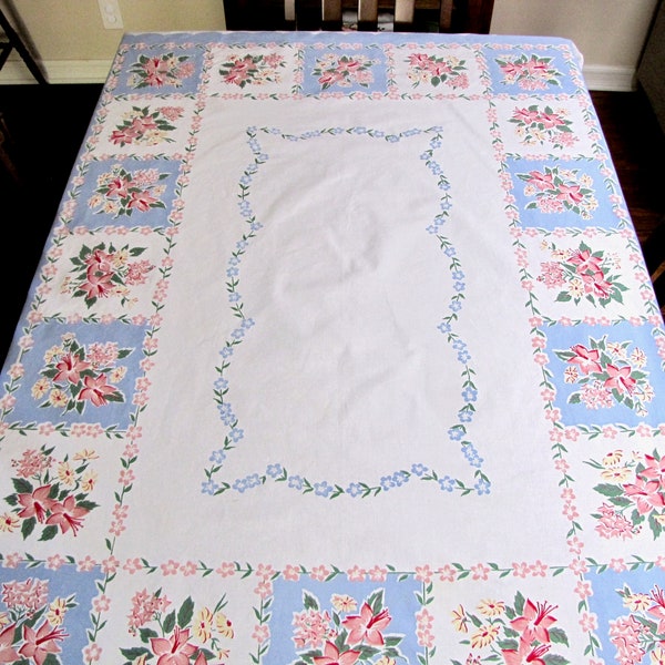 Vintage Simtex Nubby Floral Tablecloth, Blue, Yellow, Pink, 1940s, 1950s, Farmhouse Decor, Retro Linens, original, Bridal Shower, Tea Party