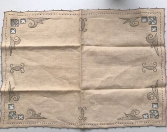 Vintage Embroidered Mat or Placemat, Taupe On Ecru, Italian Cut Work