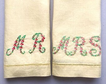 Vintage Mr and Mrs Embroidered Fingertip Towel Set or Napkins