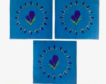 Vintage Danish Modern Cocktail Napkins, set of 3, with labels, Stylized Tulips