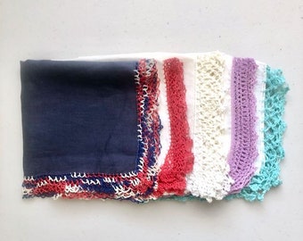 Vintage Five Delicate Hankies Crochet Trimmed Red White Blue, Aqua, Lavender