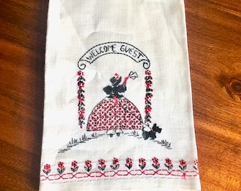 Vintage Embroidered Guest Towel, Southern Belle, Scottie Dog, Welcome Guest towel, Red & Black