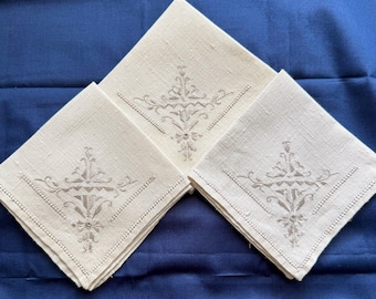 Antique Linen Arts & Crafts Embroidered Napkins, set of 3, Drawn Thread