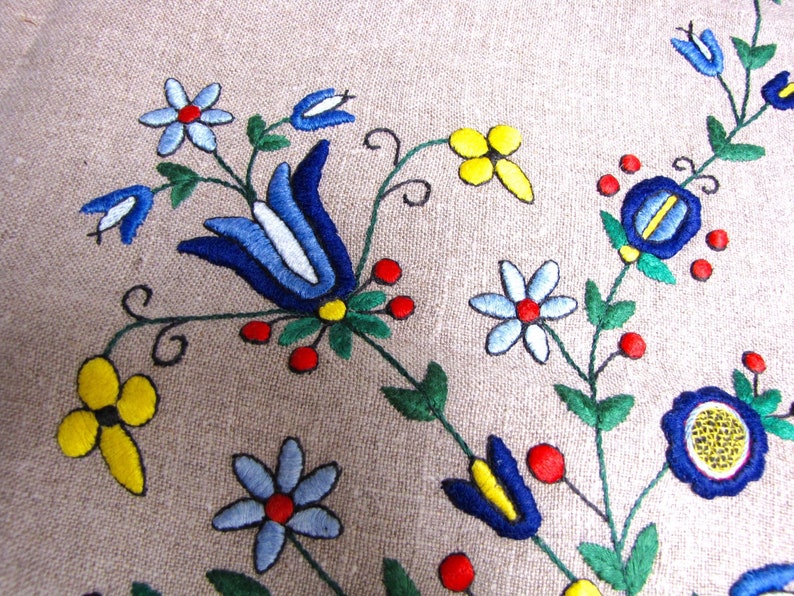 Scandinavian Table Topper Embroidered Tablecloth Small Satin Stitch Colorful Primary Colors Linen MCM Vintage Bright tablecloth