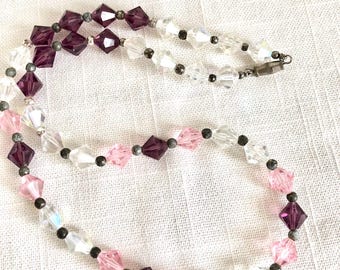 Vintage Pink and Purple and Clear Crystal Faceted Bead Necklace