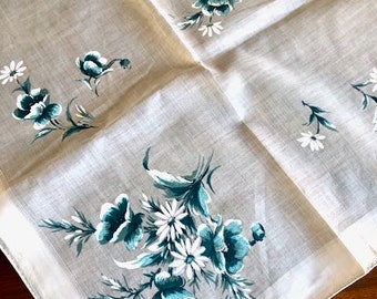 Vintage Teal Flowers Hankie, Burmel Cotton with tag