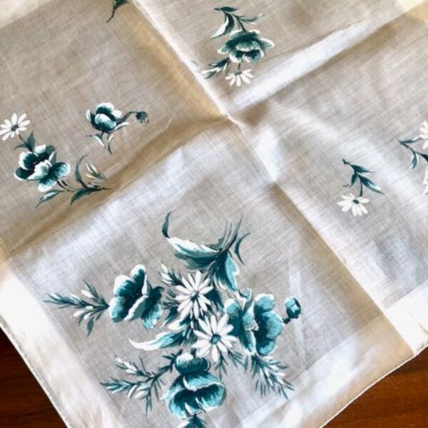 Vintage Teal Flowers Hankie, Burmel Cotton with tag