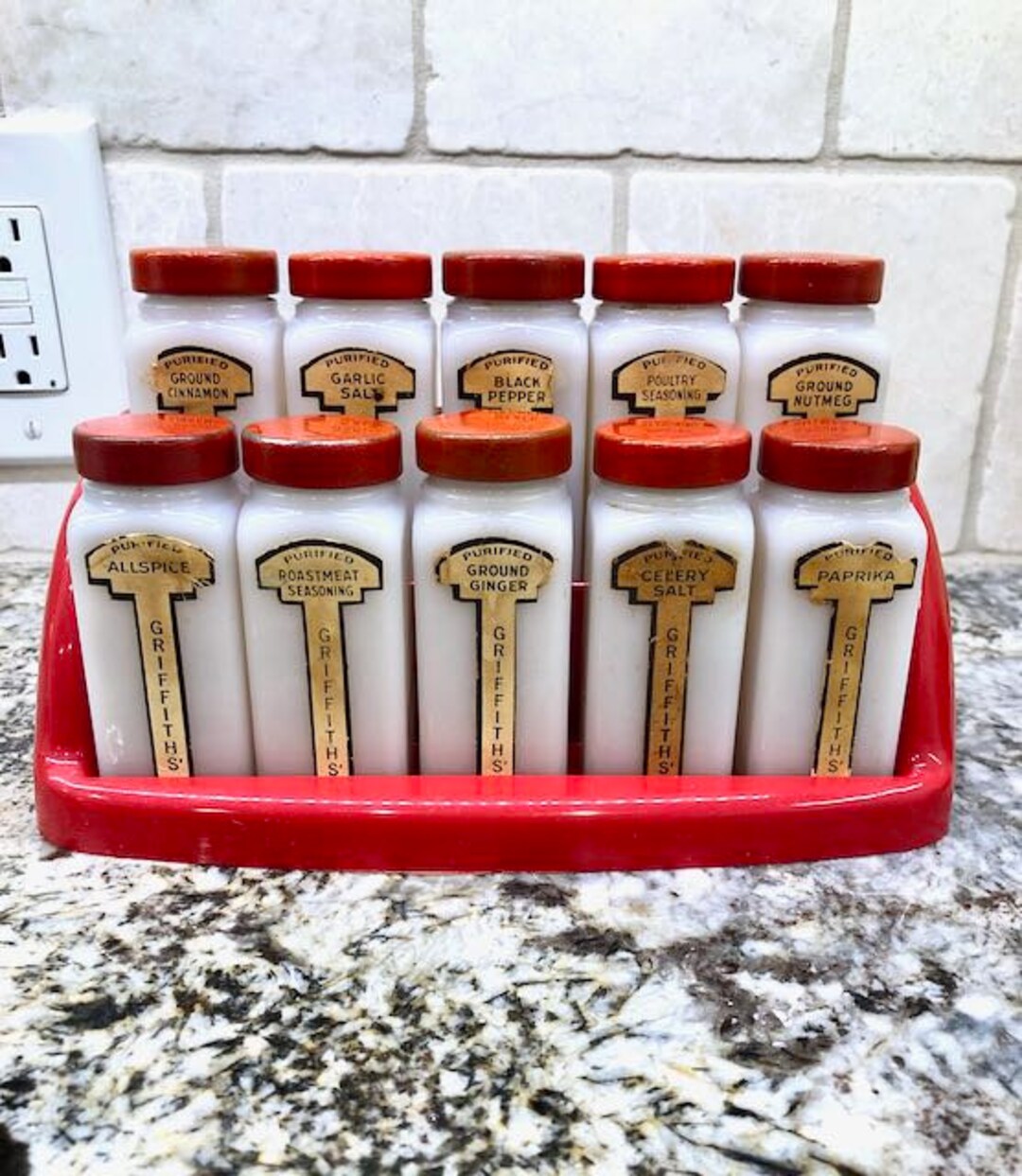 Vintage Griffith Spice Jars and Rack, Griffiths Milk Glass, Set of 10