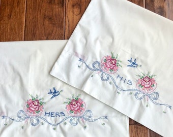 Vintage Embroidered His and Hers Pillowcases, Handmade gift, Wedding Gift