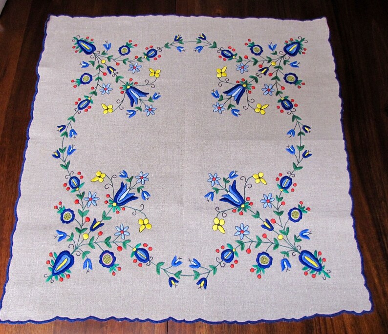 Scandinavian Table Topper Embroidered Tablecloth Small Satin Stitch Colorful Primary Colors Linen MCM Vintage Bright tablecloth