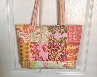 Amy Butler Fabric Quilted Patchwork Shoulder Bag, Embroidered Tote Bag, Handmade in USA