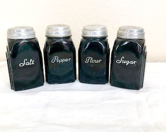 Vintage Mckee Salt Pepper Flour Sugar Shakers, Roman Arch, Black Glass