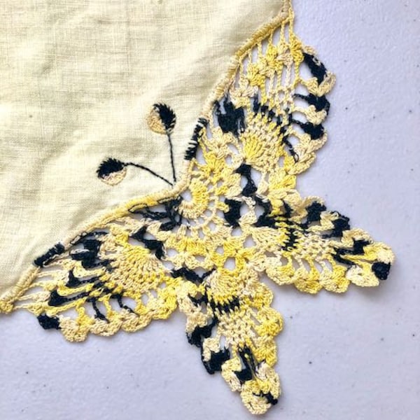 Vintage Crocheted Butterfly Hankie, yellow and black, Crochet Corner