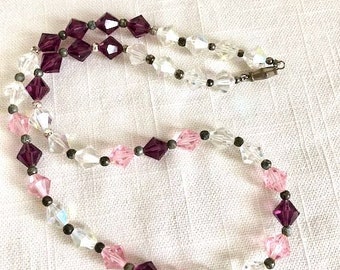 Pink and Purple Faceted Crystal Beaded Necklace 1970's