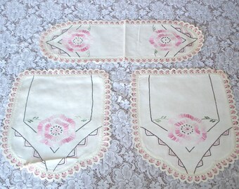 Vintage Art Deco Embroidered Doilies Set, Mission Arts and Crafts