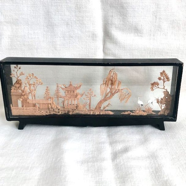 Vintage Carved Cork Diorama, Glass and Cork Shadow Box, Asian Decor