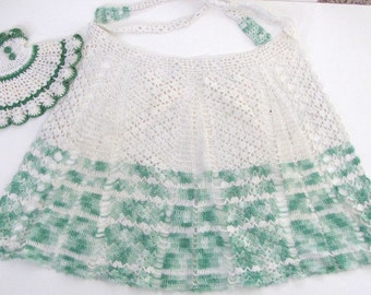 Vintage Hand Crocheted Apron and dress Hotpad, Green and White