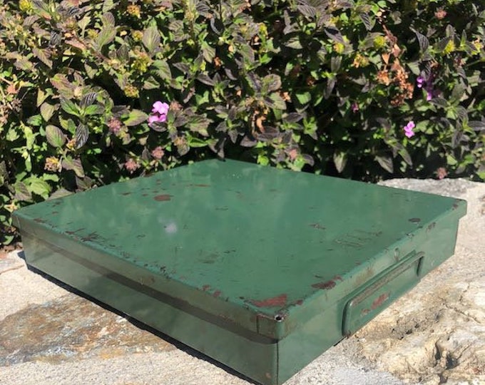Vintage Green Industrial Metal Tool Box, Garage Storage, Rusty Gold
