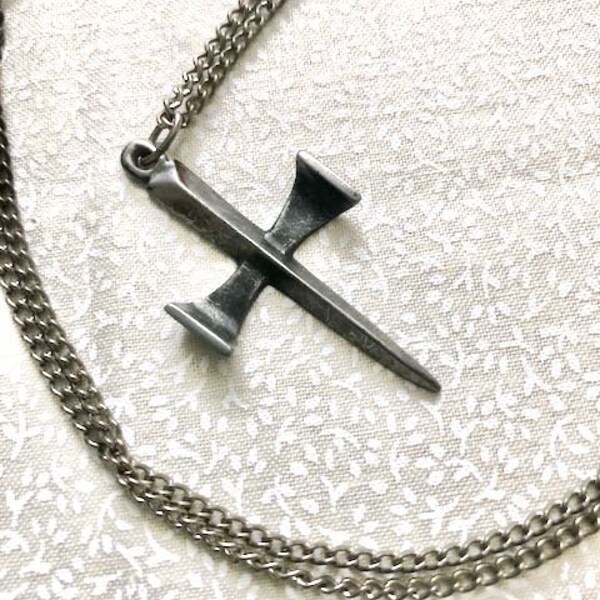 Vintage Modernist Cross Pendant Necklace with Chain Stainless Steel Brutalist