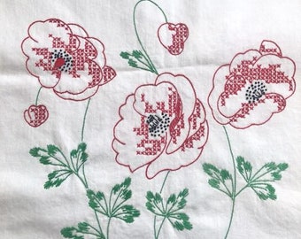 Vintage Table Runner Red Poppies, Floral Cross Stitch, Hand Embroidered Red & Green