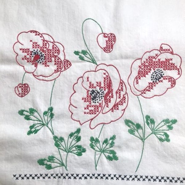 Vintage Table Runner Red Poppies, Floral Cross Stitch, Hand Embroidered Red & Green