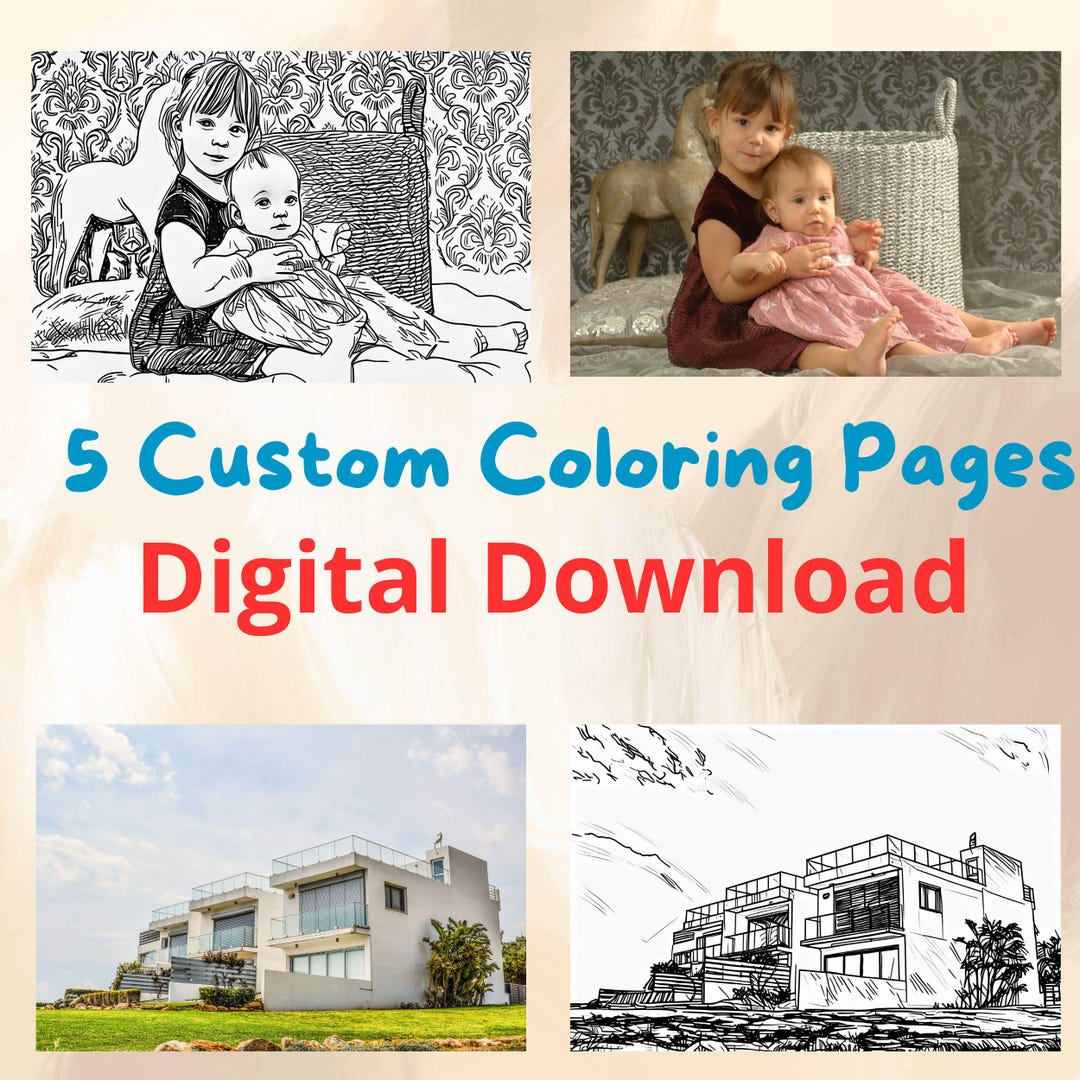 5 Custom Coloring Pages From Your Photos Personalized Gift Photo to Coloring Page Customized ...