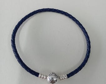 pandora bracelet  braided leather dark blue multiple size 16-21cm + pouch