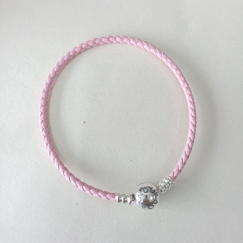 pandora  pink silver leather charm bracelet sterling size 16-21cm + pouch