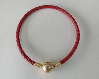 pandora moments red leather braided bracelet ale s925 size 16-21cm