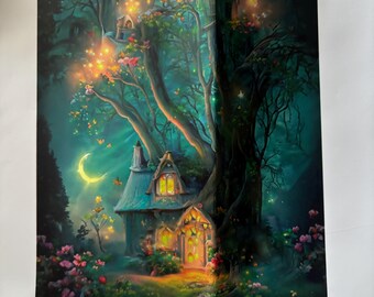 May include: A colourful fantasy artwork showing a cottage in a glowing forest. The cottage has lit windows and is surrounded by flowers and a crescent moon. The artwork measures 50 x 65 cm.