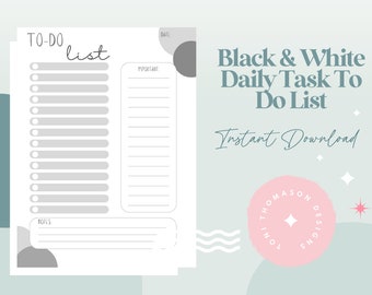 Printable Black and White Daily To Do List, Daily Task List, Minimal Daily Planner