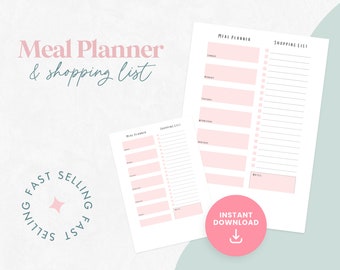 Printable Weekly Dinner Menu Planner with Shopping List, Meal Planner, Food Planner, Pink and Gray