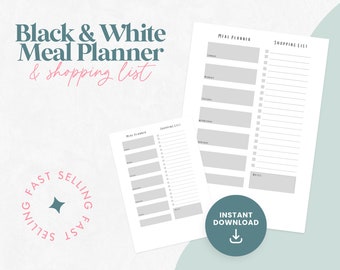 Printable Weekly Dinner Menu Planner with Shopping List, Meal Planner, Food Planner, Black and White