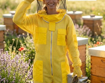 Beekeeping Ventilated Suit Three Layer Mesh Ultra Round Veil in YELLOW Colour (1 X Free Gloves)