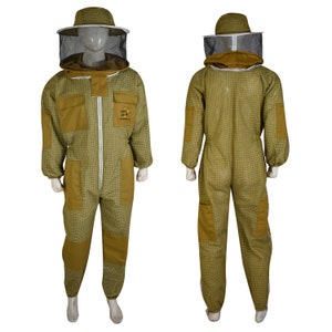 Traje de apicultura ventilado con malla de tres capas y velo ultra redondo en color caqui (1 guante gratis)