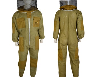 Traje de apicultura ventilado con malla de tres capas y velo ultra redondo en color caqui (1 guante gratis)