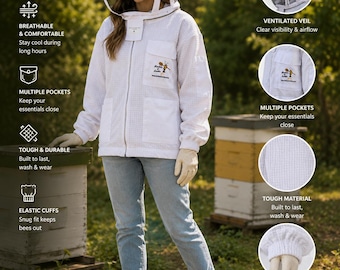 Jaqueta de apicultura de três camadas em malha ultra ventilada com véu de esgrima branco (luvas grátis)