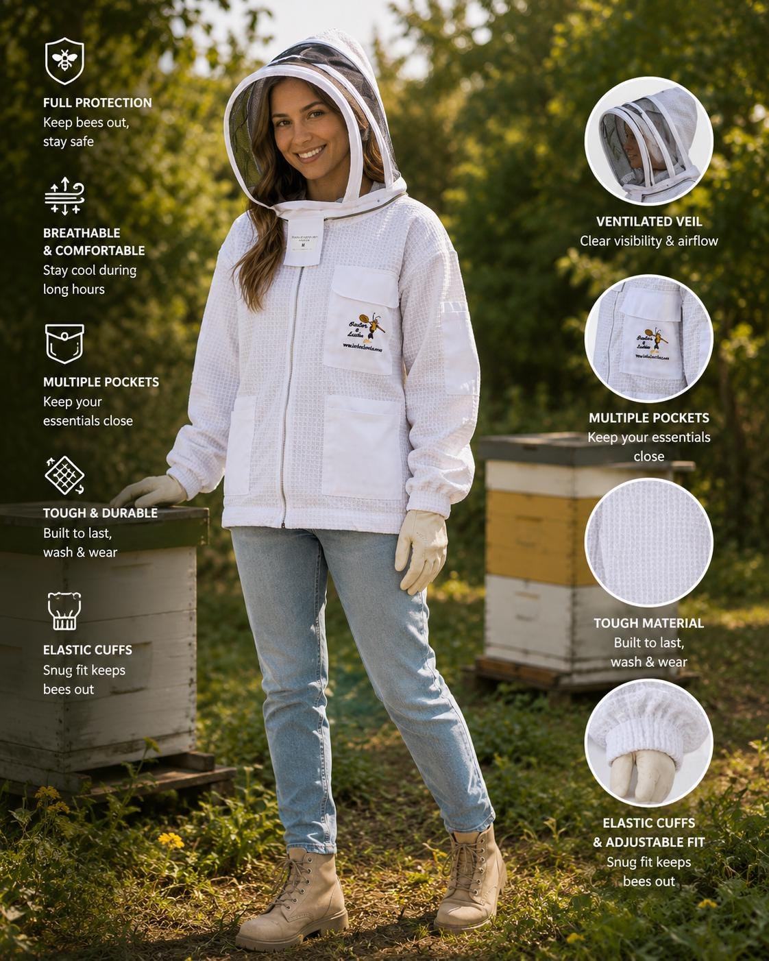 Beekeeping Three Layer Mesh Ultra Ventilated Jacket White Fencing Veil (Free Gloves)