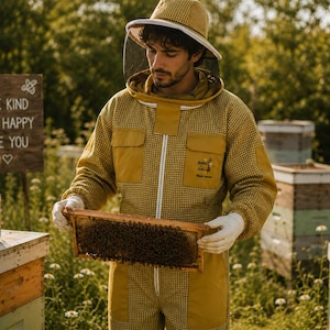 Puede incluir: Un traje de apicultor color amarillo mostaza con patrón de rejilla texturizado, que incluye capucha con velo protector, guantes blancos y cremallera frontal. El traje muestra un pequeño logotipo de abeja bordado en el bolsillo del pecho.
