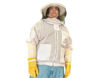 Chaqueta de malla ventilada de tres capas con velo redondo en blanco para apicultores
