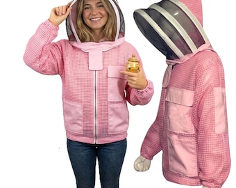 Jaqueta de apicultura de três camadas em malha ultra ventilada, véu de esgrima branco/rosa (luvas grátis)