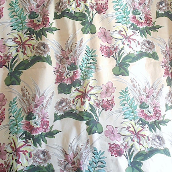 40s tropical floral fabric panel #1, single or pair 55.5" x 44.5"  barkcloth era Town & Country Fabrics Pasadena pattern