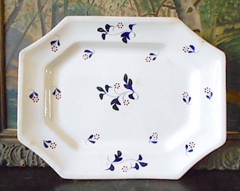 Antique ironstone platter 1830s blue brushstroke cobalt hand painted cut sponge stick spatter