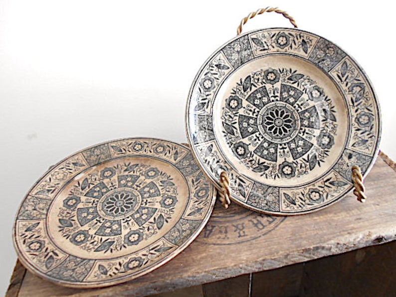 EXCELSIOR pattern c1875 aged toned ecru SALE Pair Aesthetic black transferware plates cabinet plate bread dessert plate wall decor