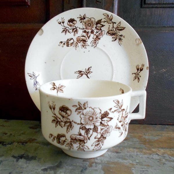 Antique brown transferware cup & chipped saucer Aesthetic floral - 1884 Ashworth Bros