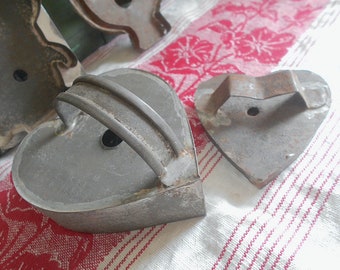 SALE 2 Antique heart flatback tin cookie biscuit cutters  large 4" small 3"