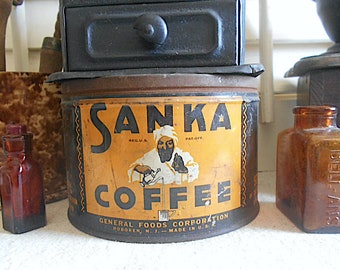 Vintage Sanka coffee tin can black cheddar orange, farmhouse rustic